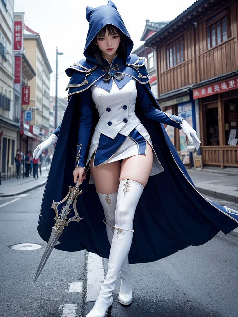 South korea asssassin's creed walk women mystery hooded on with modern royal Blue coat with buttons and royal Blue cape and very high white heel over the knee and white gloves, As she reveals a small secret hidden blade, adding to the characters mysterious, with small movements of air on the cape, in summer at night under the rain, with buildings featuring curved eaves and detailed architecture. sophisticated and highly detailed, ultra hd, realistic, hyper detailed, enhanced colours, ultra sharp focus, with vibrant, rich in details High quality, gorgeous, captivating, 8k, super detailed, stunning shadows, detailed lines, blood stain on clothes and walls, corpses in the street recently murdered