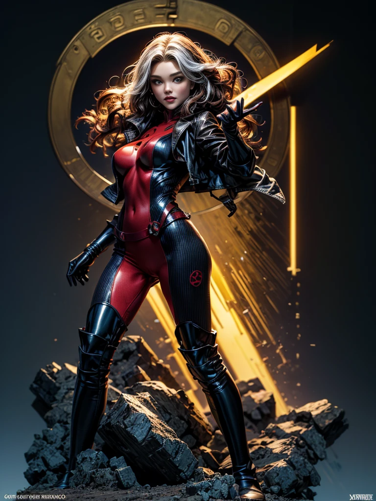 Miranda Kerr、masterpiece、High quality 4K、villain (X-Men)、Gothic Girl、Sculpted Body Gothic Makeup、Black jacket、Red and blue bodysuit、masterpiece、Highest quality、Cowboy Shots、One personの、One person、Technology Military Bodysuit、fringe