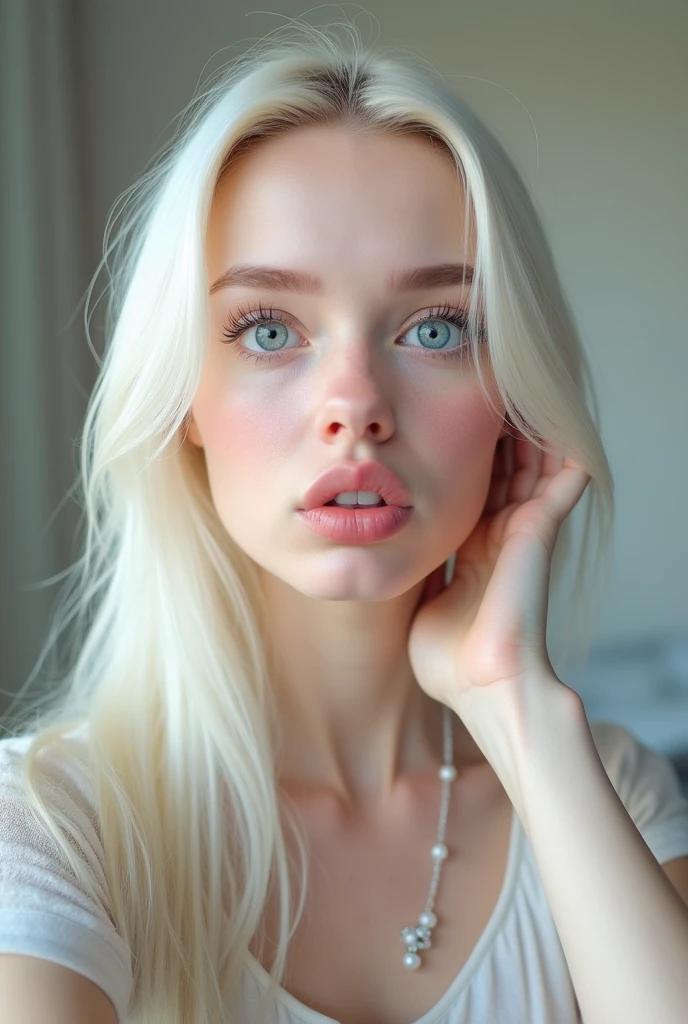 gere foto de Beautiful young woman with pale skin::5, baby blue eyes, long straight natural white hair, selfie making a cute pout, light pink makeup, inspired by bernini
-young skin-
Different face
Oval face
She have White eyebrows