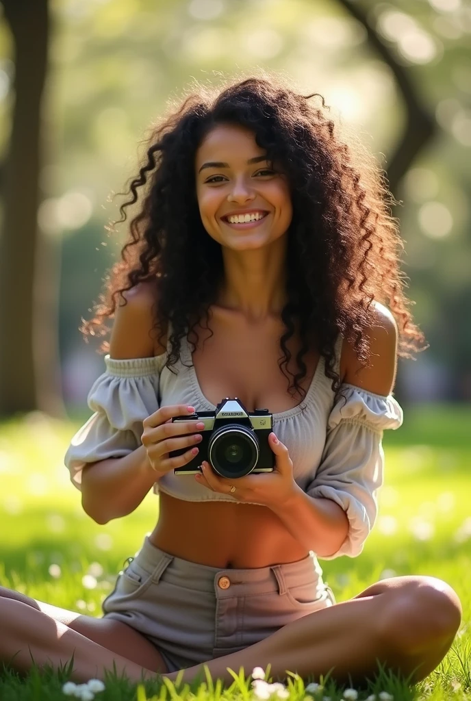 A brunette girl with curly hair and big breasts sits with her legs stretched out, taking a realistic photo