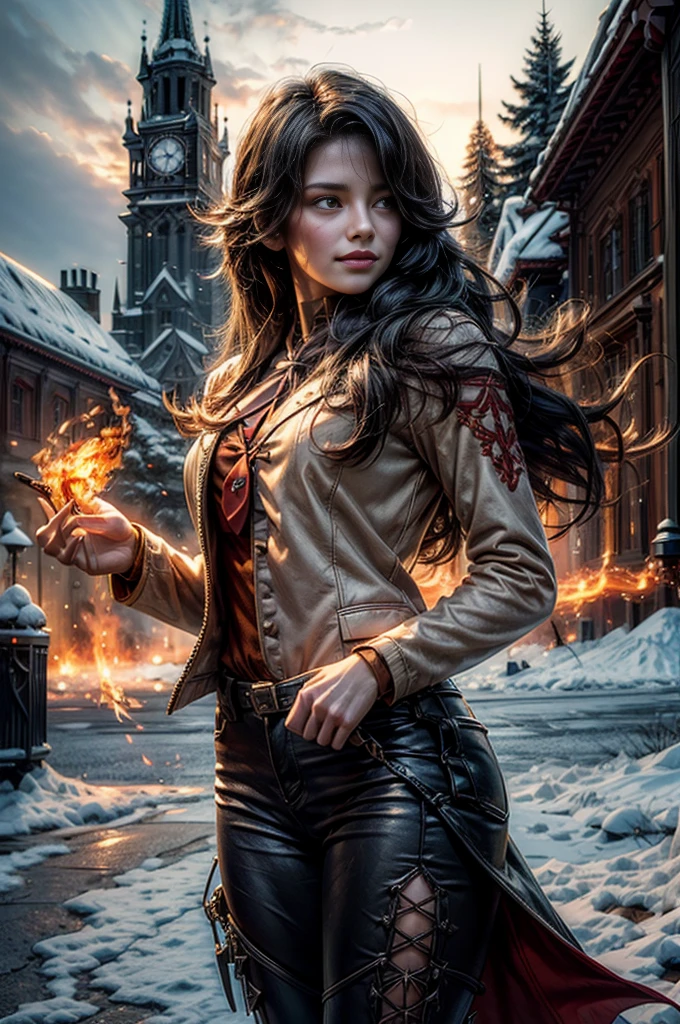 (masterpiece, best quality:1.2), cowboy shot, solo, 1girl, cinder fall, evil smile,holding flames, looking at viewer, long hair, white suit, red shirt, tie, standing outside huge gothic building, snow, trees, (volumetric lighting), sharp focus, hyper detailed 