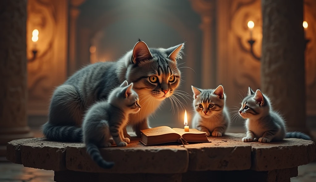 give me a cat daddy playing with his 3 children at a mystical temple table from the 1800s with old books nearby with his eyes slightly glowing 3 candles on the table in the distance