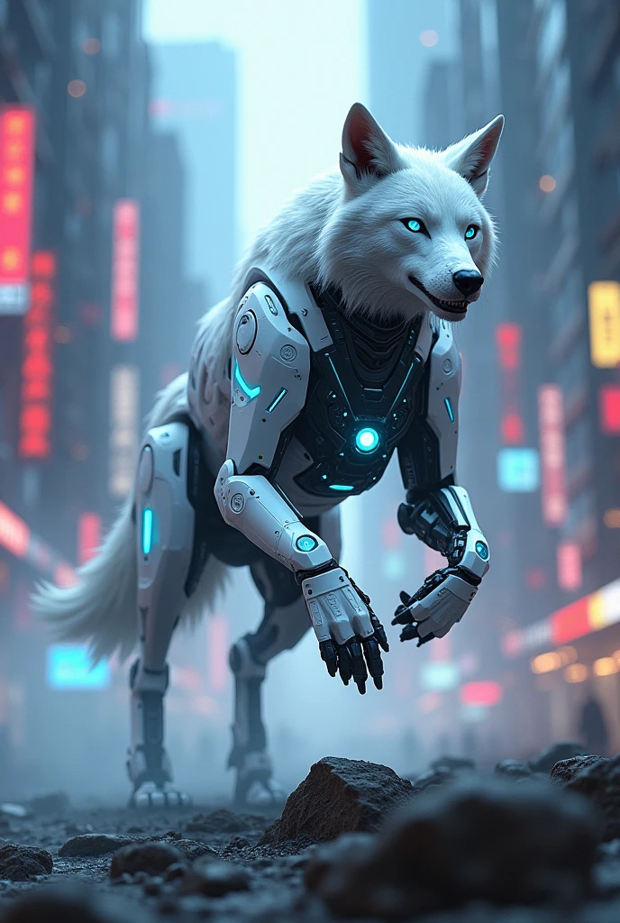 White and technological mecha wolf in action, anime 4k style 
