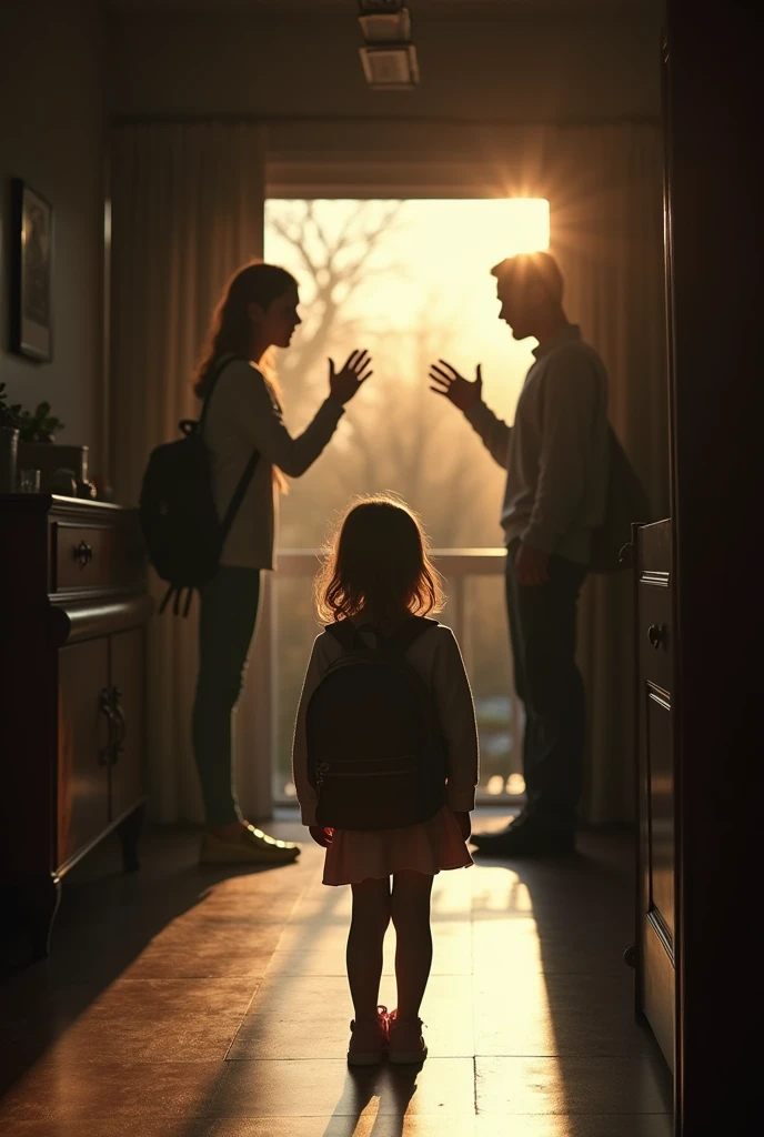 A girl arriving from school but sees her father fighting with her mother and is about to hit her. A child arriving from school but with a scared face because of the image he just saw and very surprised almost with a traumatized face because of the image he just saw. Child paralyzed.