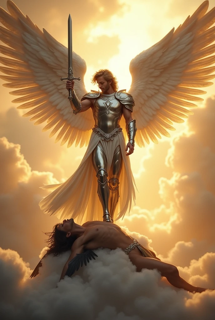 Archangel Michael defeating Lucifer in heaven, Lucifer is lying face down, Michael has his sword pointed at Lucifer and his foot on his head.
