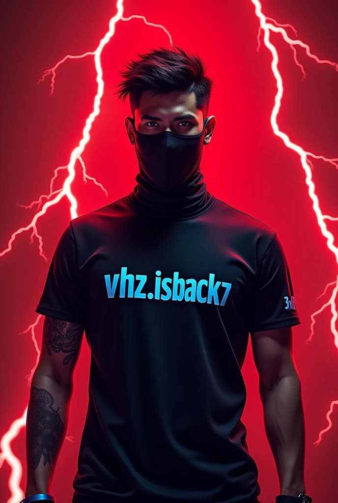 Free fire style male character, with a black mask with a black shirt with blue written vhz.isback7, with a red background with lightning