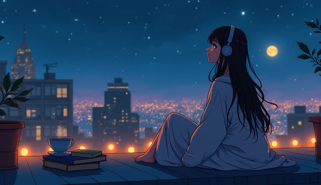 anime style scene of a woman sitting on a rooftop at night, Lofi Stylestyle, in the style of atey ghailan, Lofi Style, inspired by Atey Ghailan, lofi hip hop, lofi girl, garota lofi aesthetics, atey ghailan 8k, Lofi hears, sitting on a roof, lofi aesthetics