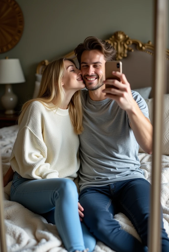 Realistic photo of a selfie in front of a mirror sitting in a bed of a blonde model, 19 years old. She takes a selfie and kisses her boyfriend on the mouth. The two are holding each other. The boy is wearing a gray T-shirt and navy blue jeans. The girl is wearing a white sweater and blue jeans.