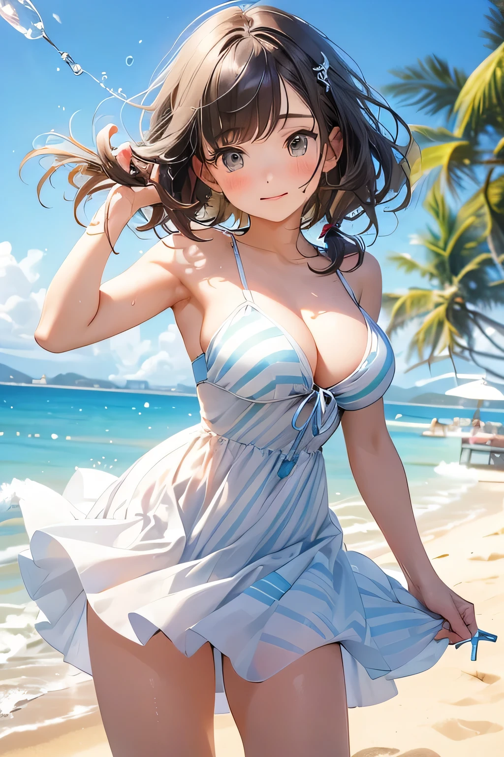 Highest quality、High resolution、Detailed Background、(Beautiful face in every detail:1.4)、Anatomically correct、(Normal number of fingers:1.2)、Highly detailed face、Detailed eyes、age beauty、(Huge breasts:1.2)、Perfect body line、Light color hair、Bobcut、ponytail、Twin tails、Wavy Hairstyle、crystal clear blue sea stretching out on the white sand beach、swaying gracefully under palm trees、relaxing resort space、
(take a non-alcoholic cocktail in hand while being blown by the sea breeze、women relaxing leisurely:1.5)、
Friends in swimsuits、they jump into the sea with joy、a sense of liberation from stress、enveloped in the pleasant sea breeze and sunshine、enjoying blissful moments、
Off-the-shoulder one-piece swimsuit、The open shoulder design is cute and mature、The flared skirt creates a feminine silhouette、Plain and striped patterns are simple and easy to coordinate、very beautiful