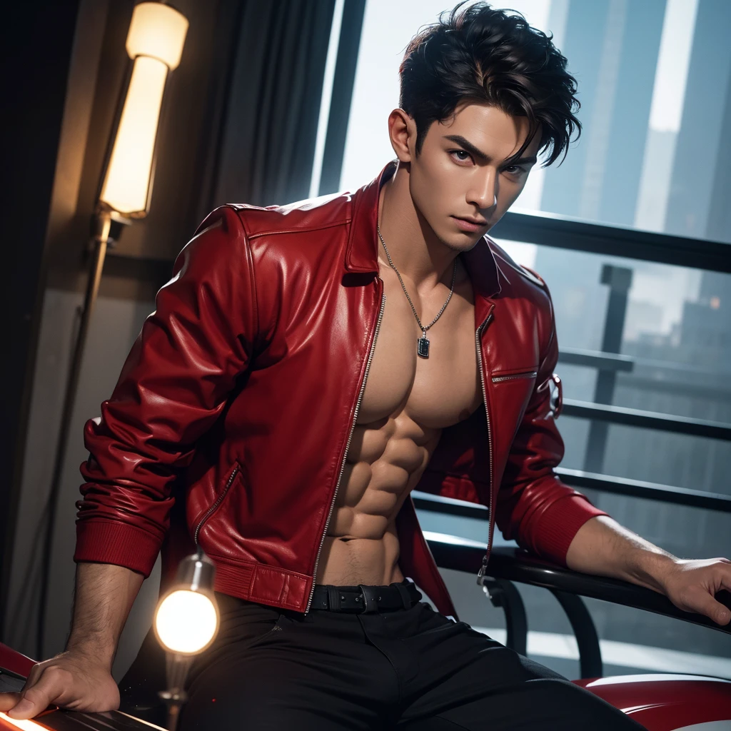 a muscular handsome man, extremely detailed face, perfect face, short hairstyle, looking at viewer romantically, ruby red jacket, black pants, shirtless, ruby necklace, sexy look, smooth skin, riding R15, view from some distance, best quality, 4k, 8k, highres, masterpiece:1.2, ultra-detailed, realistic, photorealistic, photo-realistic:1.37, HDR, UHD, studio lighting, ultra-fine painting, sharp focus, physically-based rendering, extreme detail description, professional, vivid colors, bokeh, portrait, hyperrealistic