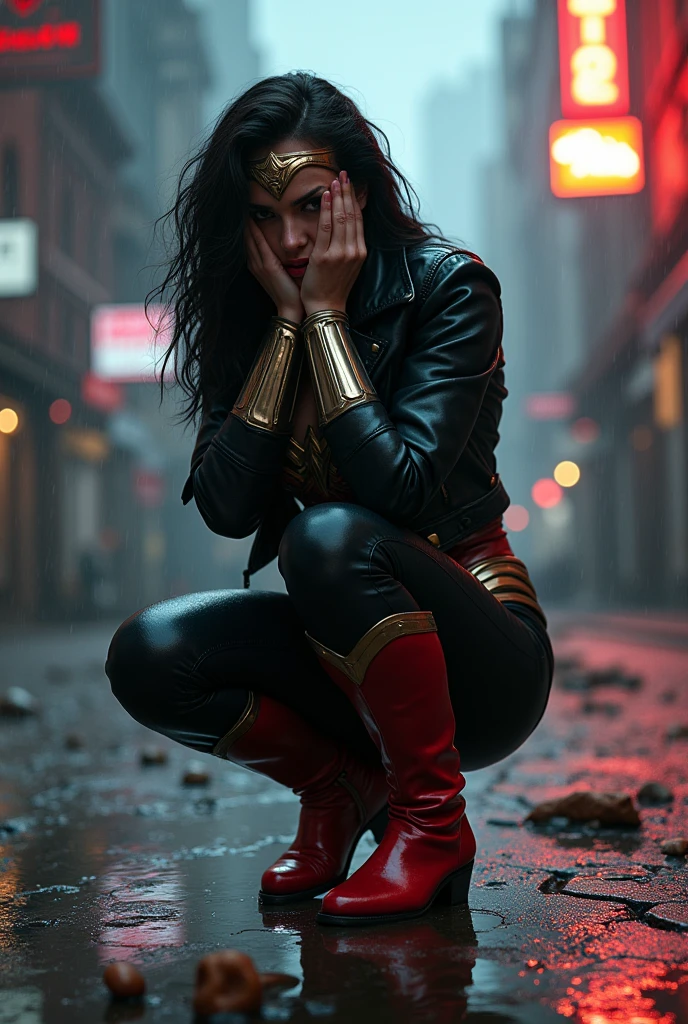 Wonder Woman in a black leather jacket, red leather corset, and black leather pants, kneeling with her hands on her face, screaming in exhaustion after a battle. Blood surrounds her, reflecting her in the puddles of blood in a rain-soaked, apocalyptic city. Red boots. Bloody, terrifying images. DC Universe logo. 