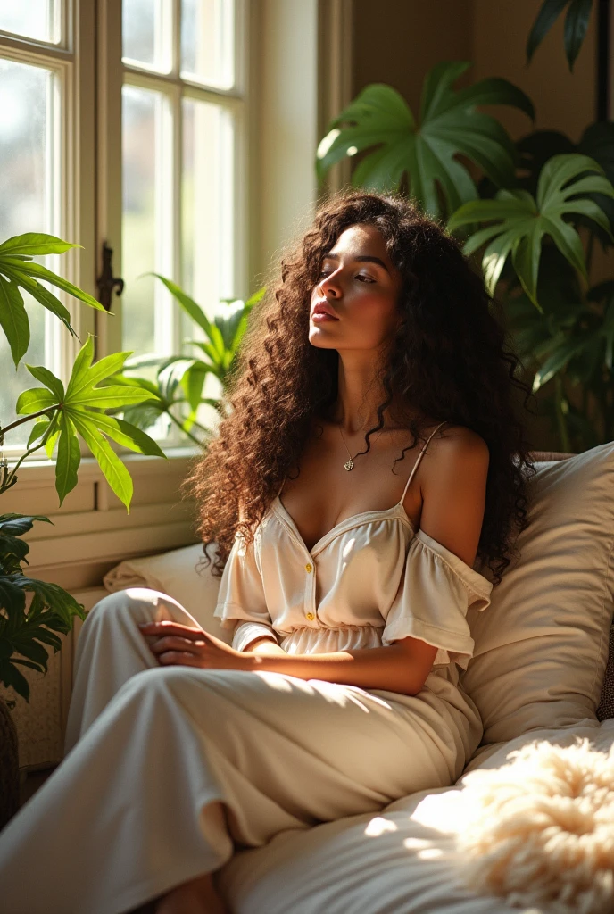 (photorealism:1.2), beautiful woman, sitting on bed, wearing loose off-shoulder top, pajama pants, long curly hair, indoors, soft lighting, plants in background, window with sunlight, cozy room, relaxed pose, realistic, intricate details, warm colors, by Greg Rutkowski, by Alphonse Mucha