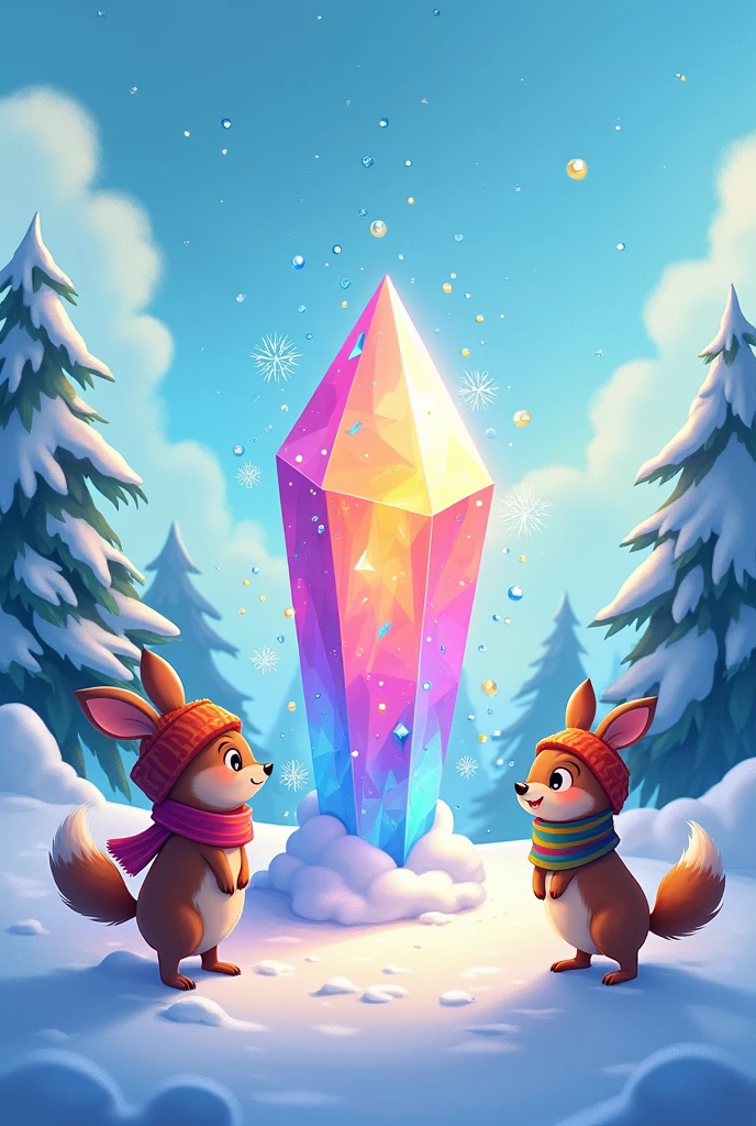 Clearing with a huge, brilliant crystal, harsh winter, cartoons