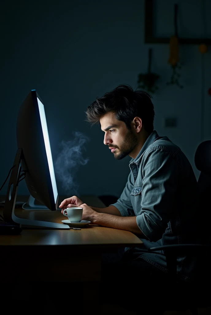 Man studying on a computer in a simple, dark room