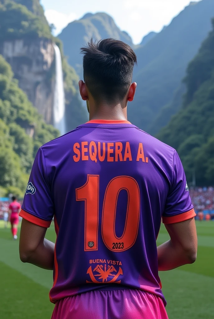 Purple and pink soccer uniform with the soccer shield number 10 that Sequera A. with waterfall mountains and the name of BUENA VISTA LICUA FC 2023