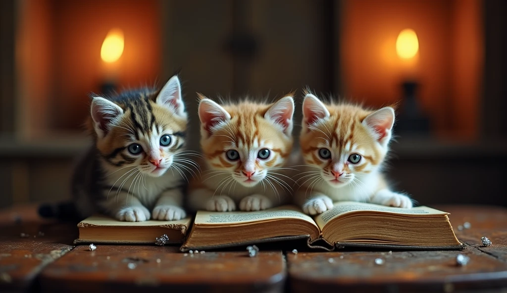 give me 3 kittens on a mystical temple table from the 1800s with old books near with eyes slightly glowing 3 candles on table far away