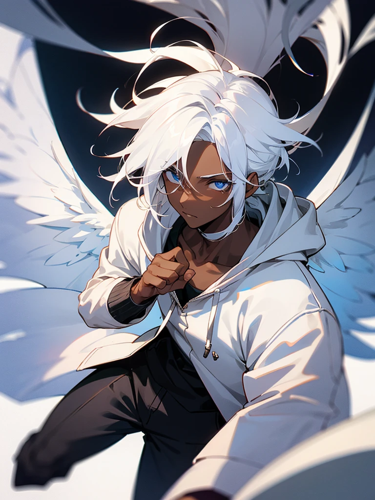 Dark skinned angel boy with white hair on hoody 