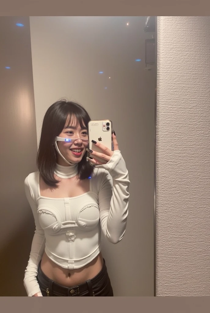 (nsfw:1.5), masterpiece, Best Quality, hyper Realistic, The avant-garde, A mysterious and sophisticated young Japanese woman with blue eyes wears futuristic and sexy fashion art. She is standing at a Selfie wide angle, with her full body in frame. Her outfit includes see-through white sports wear with multiple elastic white led harnesses designed underneath, and led hem, adding a minimalist beauty. She accessorizes with futuristic accessories and wears technical sneakers. Her demeanor exudes harmony and striking simplicity. hyper small head and face, happy, wide Duck mouth, half open mouth, perfectly aligned teeth, perfect beautiful teeth, light blue eyes, half open eyes, shiny Droopy eyes, gray hair, looking other, She is situated within the interior of a futuristic colony, BREAK (very slim waist:1.2), (huge breasts, cleavage, large buttocks:1.5),