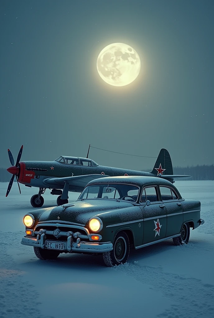 Soviet small sedan vehicle from the 60s, military painting, from the air force, at a snowy, night parked close to a vintage fighter jet,