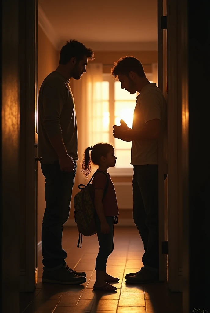 A girl arriving from school but sees her father fighting with her mother and is about to hit her. A arriving from school but with a scared face because of the image he just saw and very surprised almost with a traumatized face because of the image he just saw. Child paralyzed.