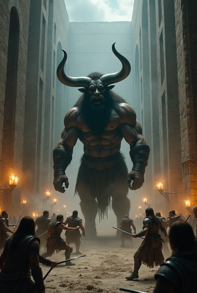 minotaur fighting against 9 humans