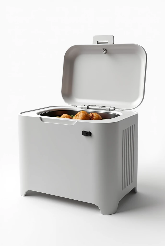 On a White background put
A compact and sophisticated design portable microwave, designed to preserve the temperature of food and beverages anywhere. With dimensions of 27 cm wide, 18 cm deep and 15 cm high.
This microwave does NOT have a door handle and NO food inside it.. Non-slip rubber feet on the base.
The microwave door opens upwards, Towards the sky, offering a convenient and accessible opening. Made of durable material with a small tempered glass viewer, allows the user to see the content without having to open the device.