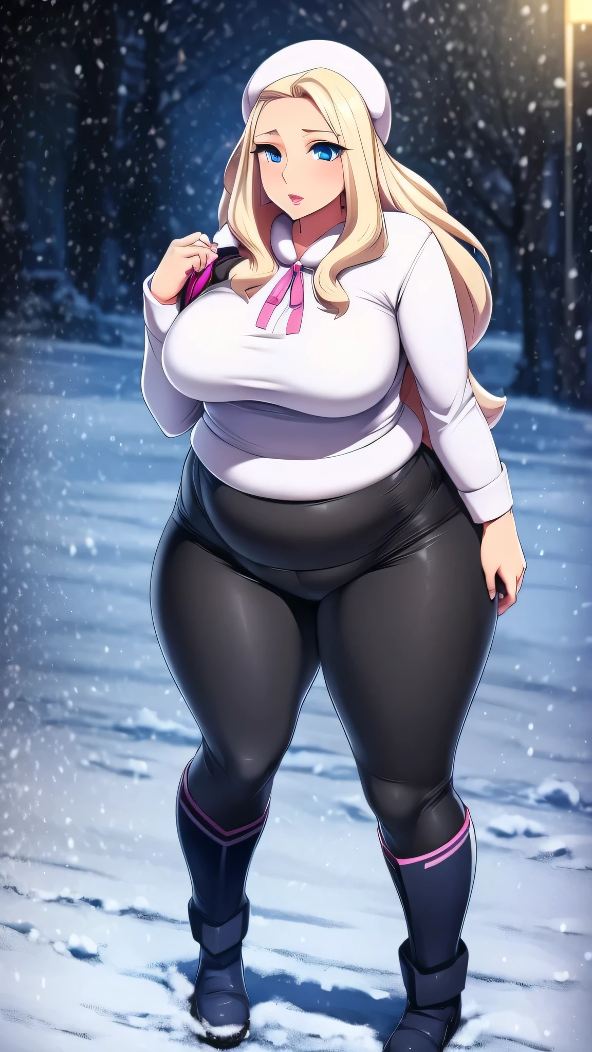 A beautiful sexy Russian girl with big breasts, beautiful long wavy straight blonde hair, blue eyes, and bright pink lips. She is wearing a gray fleece blouse, overweight, and black metallic pants, blue fleece socks, and snow boots.