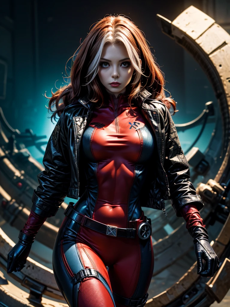 Karen Gillan、masterpiece、High quality 4K、villain (X-Men)、Gothic Girl、Sculpted Body Gothic Makeup、Black jacket、Red and blue bodysuit、masterpiece、Highest quality、Cowboy Shots、One personの、One person、Technology Military Bodysuit、fringe