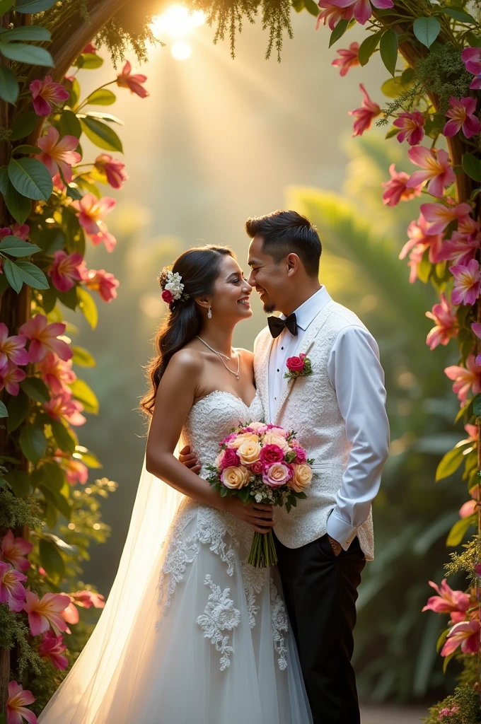 Real pinoy couple wearing wedding gown with back ground arounding flowers