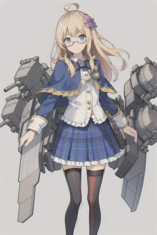 Hood \(warship girls r\),((masterpiece)),(((best quality))),((ultra-detailed)),((illustration)),((disheveled hair)),((frills)),(1 girl),(solo),1girl, ahoge, blonde hair, blue eyes, blue skirt, boots, bow, buttons, cannon, cape, capelet, closed mouth, emblem, flag, flower, full body, glasses, hair flower, hair ornament, jacket, long hair, long sleeves, looking at viewer, machinery, miniskirt, plaid, plaid skirt, pleated skirt, red-framed eyewear, ribbon, rigging, semi-rimless eyewear, shirt, skirt, smokestack, solo, standing, striped, striped legwear, thighhighs, turret, under-rim eyewear, union jack, vertical-striped legwear, white shirt, Moderate legs