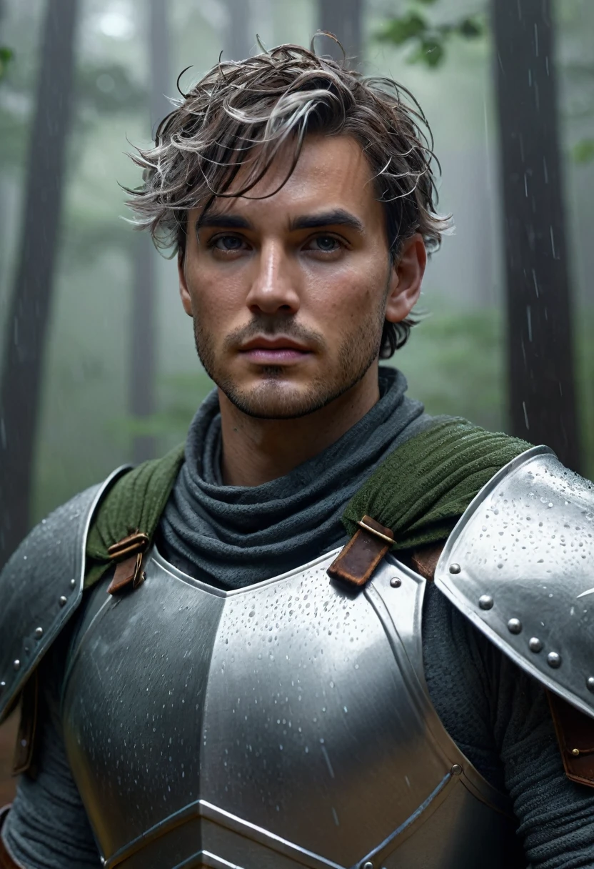 ultra detailed 8k cg, perfect face, insanely handsome face, armor, revealing clothes, spotlight, looking at viewer, hyperrealistic, masculine power, sassy look, elegant, forest background, rain, foggy, short messy hair