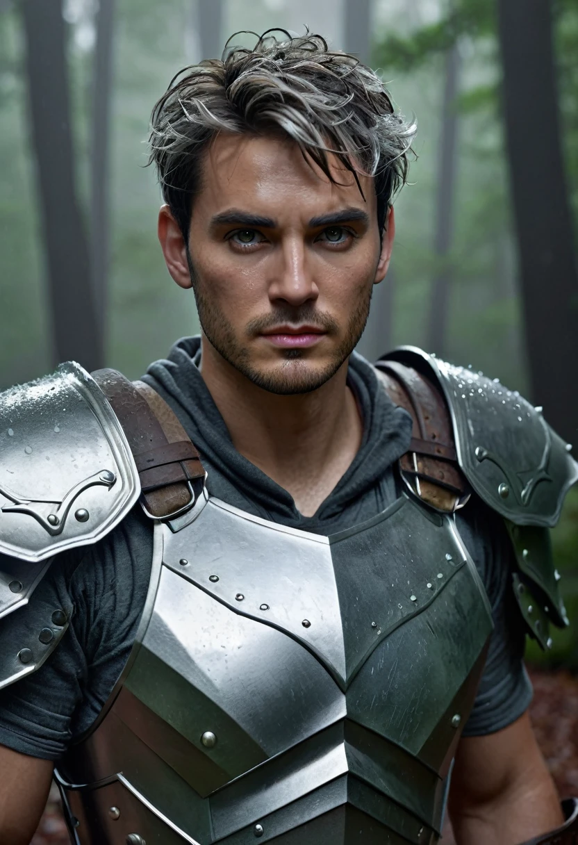 ultra detailed 8k cg, perfect face, insanely handsome face, armor, revealing clothes, spotlight, looking at viewer, hyperrealistic, masculine power, sassy look, elegant, forest background, rain, foggy, short messy hair