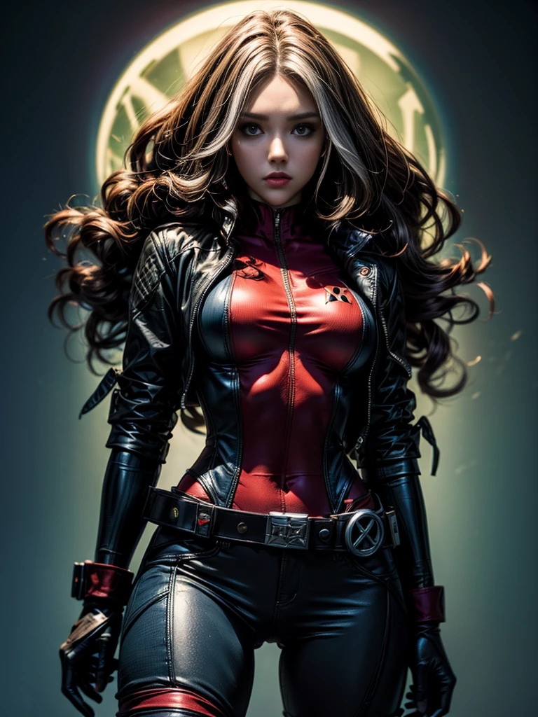 Jessica Alba、masterpiece、High quality 4K、villain (X-Men)、Gothic Girl、Sculpted Body Gothic Makeup、Black jacket、Red and blue bodysuit、masterpiece、Highest quality、Cowboy Shots、One personの、One person、Technology Military Bodysuit、fringe