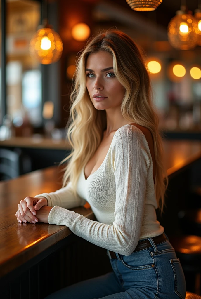 masterpiece, best quality, extremely detailed, hyperrealistic, photorealistic, a beautiful 20s french model, at bar, face down, ivory sweater:1.2, tight jeans, ultra detailed face, long hair, blonde hair, pale skin, busty breasts, ass