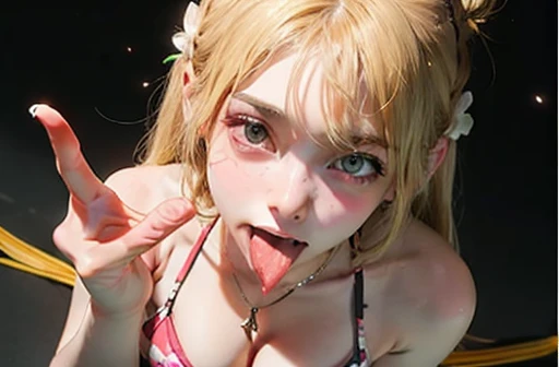 (Highest quality, masterpiece), ((2 people)), stop temporarily, particle, Wind, flower, Simple Background, Looking at the audience, blonde, milky way, beautiful, long blonde intricate braids、Curved and slim waist ,長いスリットアイを持つbeautiful顔, Clear White Skin, ((String, fool, G-string,)), On all fours, From above between, The audience watching, Wet your thighs, Small hips, Serve a man together, Impending blowjob, Blushed:1.4, [[small nipples with pointed points,, Non-areola, Firm breasts、Perfect cleavage]], Sticking out tongue, Drooling, Blowjob gestures, micro String bikinis, necklace, 2 peopleの, White and pink,A view from directly above the head、Browsing Caution、