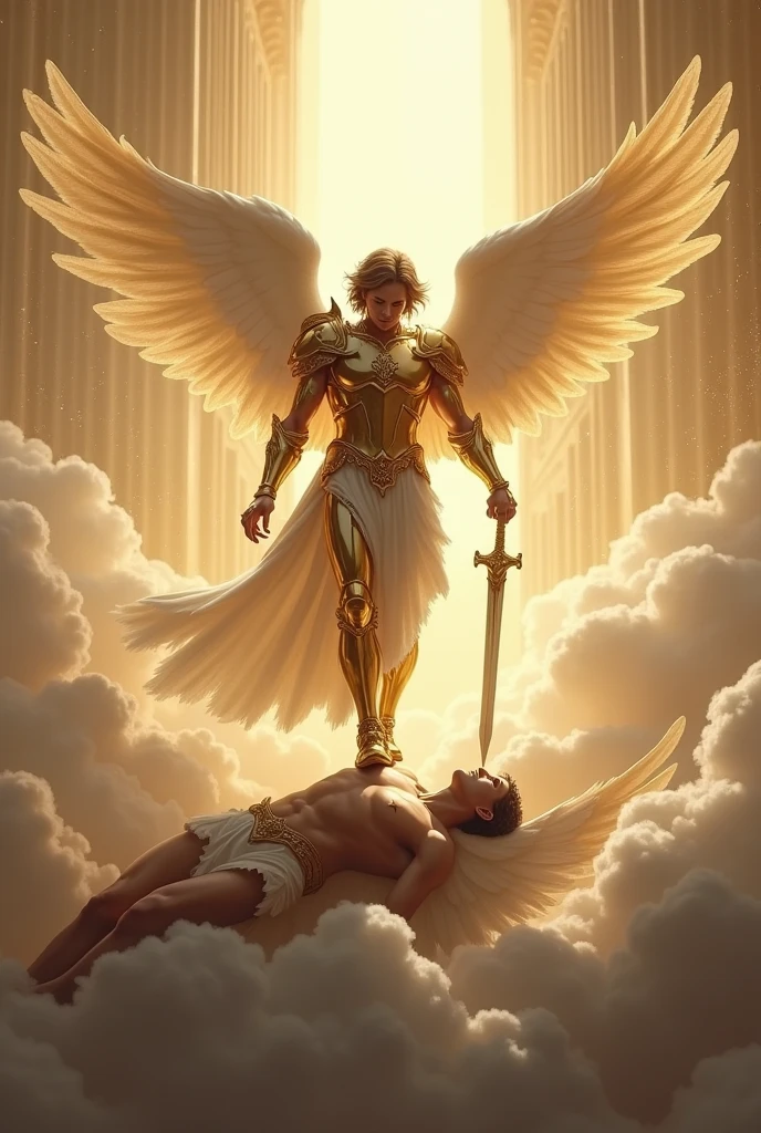 Archangel Michael defeating Lucifer in heaven, Lucifer is lying face down, Michael has his sword pointed at Lucifer and his foot on his head.