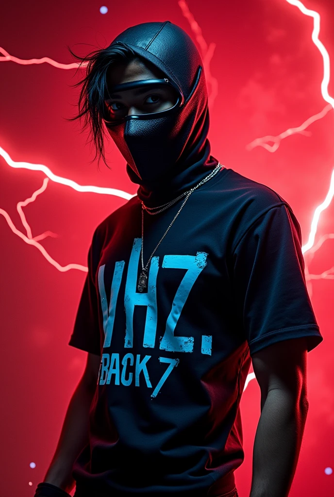 Free fire style male character, with a black bone with a "F" a black mask, with a black shirt with blue written vhz.isback7, with a red background with lightning
