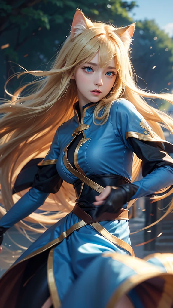 One person, High resolution, Long Hair, vision, Shortcuts, blonde, blue eyes, Cat ear, Portraiture, far and near method, Motion Blur, shape, Fantasy Background, anime,