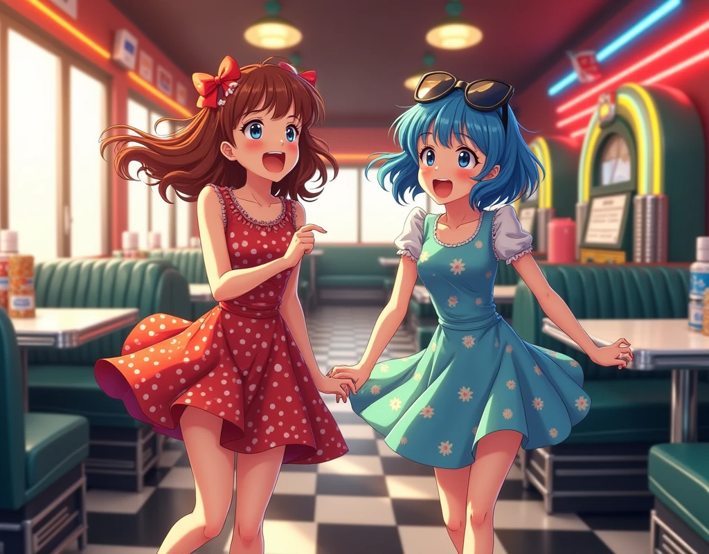 anime girls wearing 1950s dresses