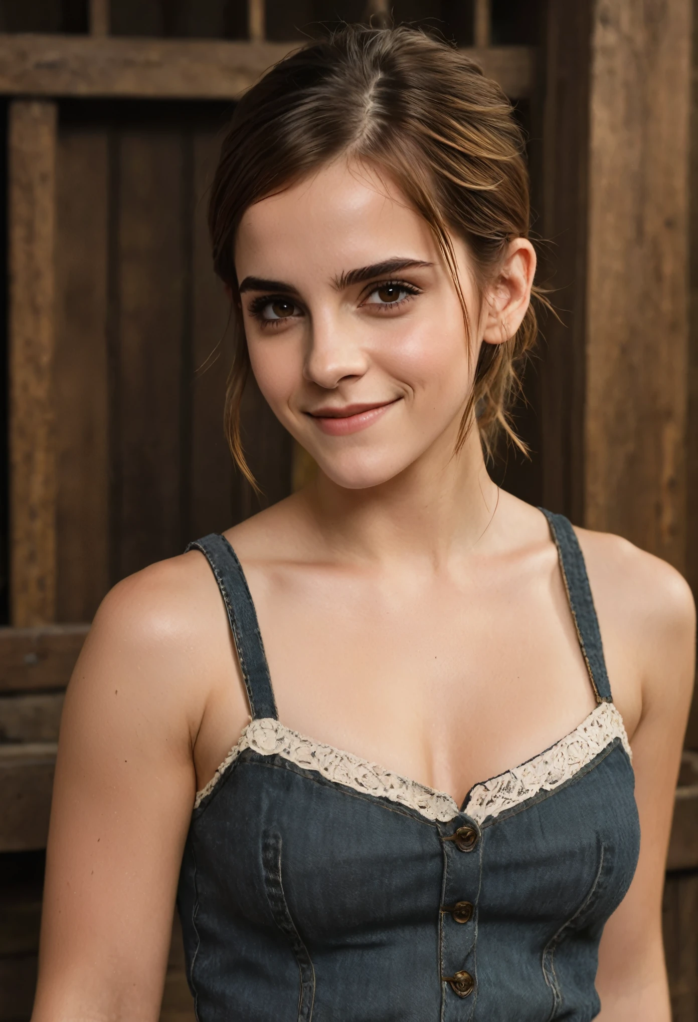 1girl, ((cowboy shot, looking at camera)), 25 years old, Emma Watson, ((Looking interested!! Looking amused!! Smug. Sly smile)). Masterpiece, top quality, best quality, beautiful eyes, perfect eyes, muscular, attractive, crop top. Indoors.