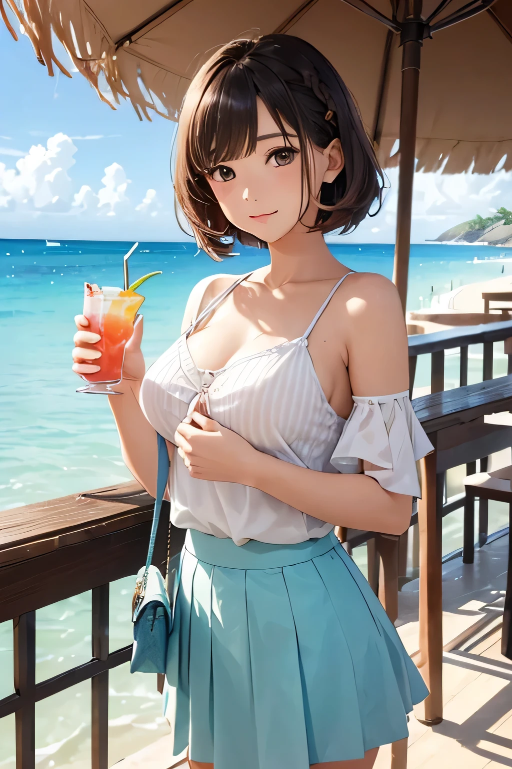 Highest quality、High resolution、Detailed Background、(Beautiful face in every detail:1.4)、Anatomically correct、(Normal number of fingers:1.2)、Highly detailed face、Detailed eyes、Teenage beauty、(Huge breasts:1.2)、Perfect body line、Light color hair、Braided bob cut、Wavy Hairstyle、
crystal clear blue sea stretching out on the white sand beach、swaying gracefully under palm trees、relaxing resort space、
(take a non-alcoholic cocktail in hand while being blown by the sea breeze、women relaxing leisurely:1.5)、
Friends in swimsuits、they jump into the sea with joy、a sense of liberation from stress、enveloped in the pleasant sea breeze and sunshine、enjoying blissful moments、
Off-the-shoulder one-piece swimsuit、The open shoulder design is cute and mature、The flared skirt creates a feminine silhouette、Plain and striped patterns are simple and easy to coordinate、very beautiful