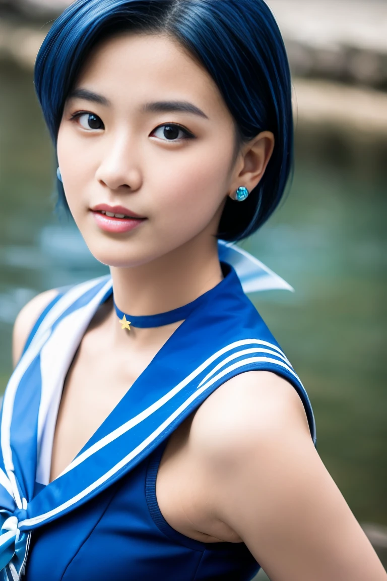 whole bodyショット,Which one is Mizuno?, (Sailor Mercury, Neck ribbon, Blue Hair, short hair, Circlet, jewelry, Crescent-shaped earrings),Sailor Mercury. beautiful, whole body,water star,Looking into the camera