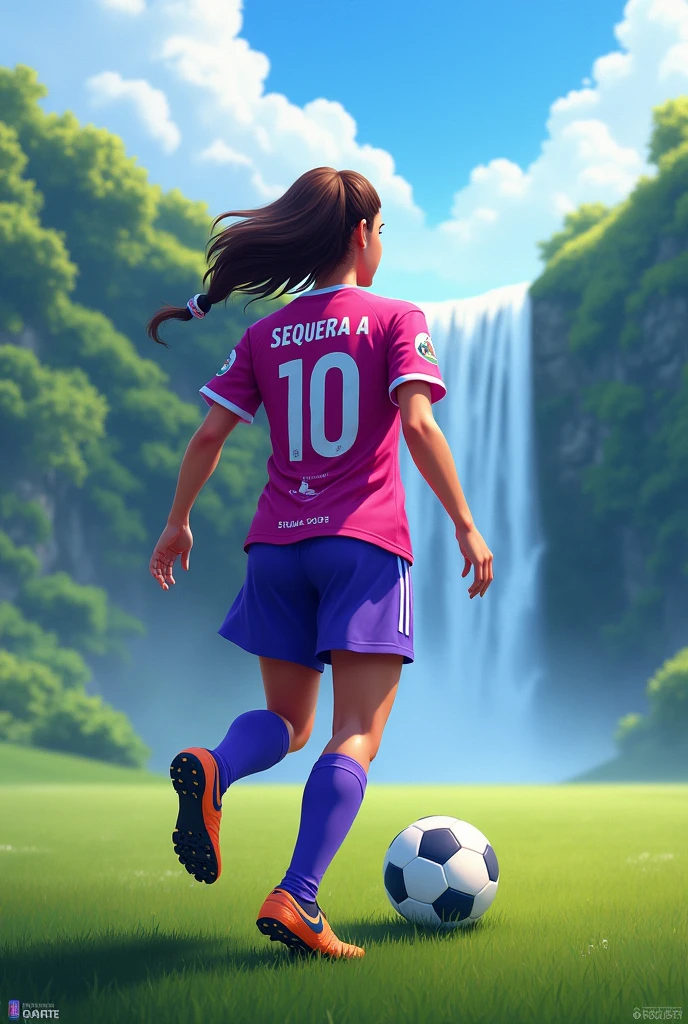 Purple and pink soccer uniform with number 10, name Sequera A. y and the soccer crest with mountains, waterfall and the name BUENA VISTA LICUA FC 2023