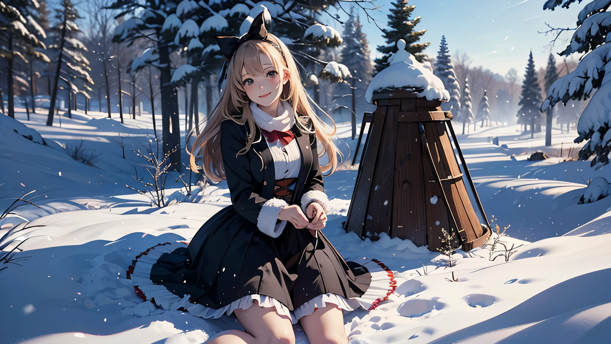 masutepiece, (masutepiece, Best Quality, Ultra-detailed, Photorealistic, extremely delicate and beautiful),
Alice in Wonderland, at winter, Playing in the snow, Happy smile, Very beautiful girl, correct facial features, detailed image of a girl