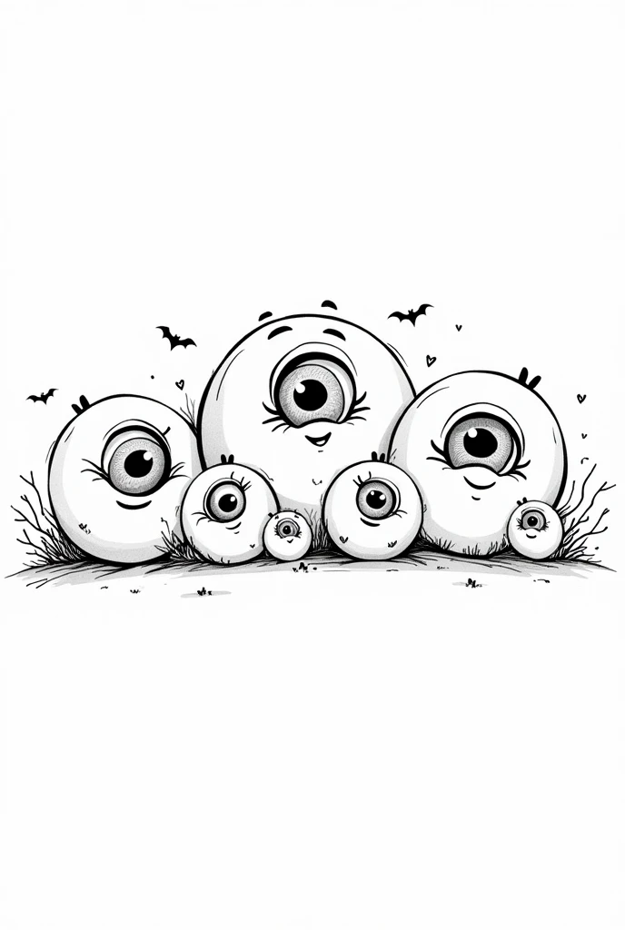 Cute and Kawaii Halloween Creepy Eyeball coloring Page, simple for toddlers, bold and easy, black boldlines, White background, for a coloring book black and white, line art, only outlines, but the design is simple and bold, no greyscale