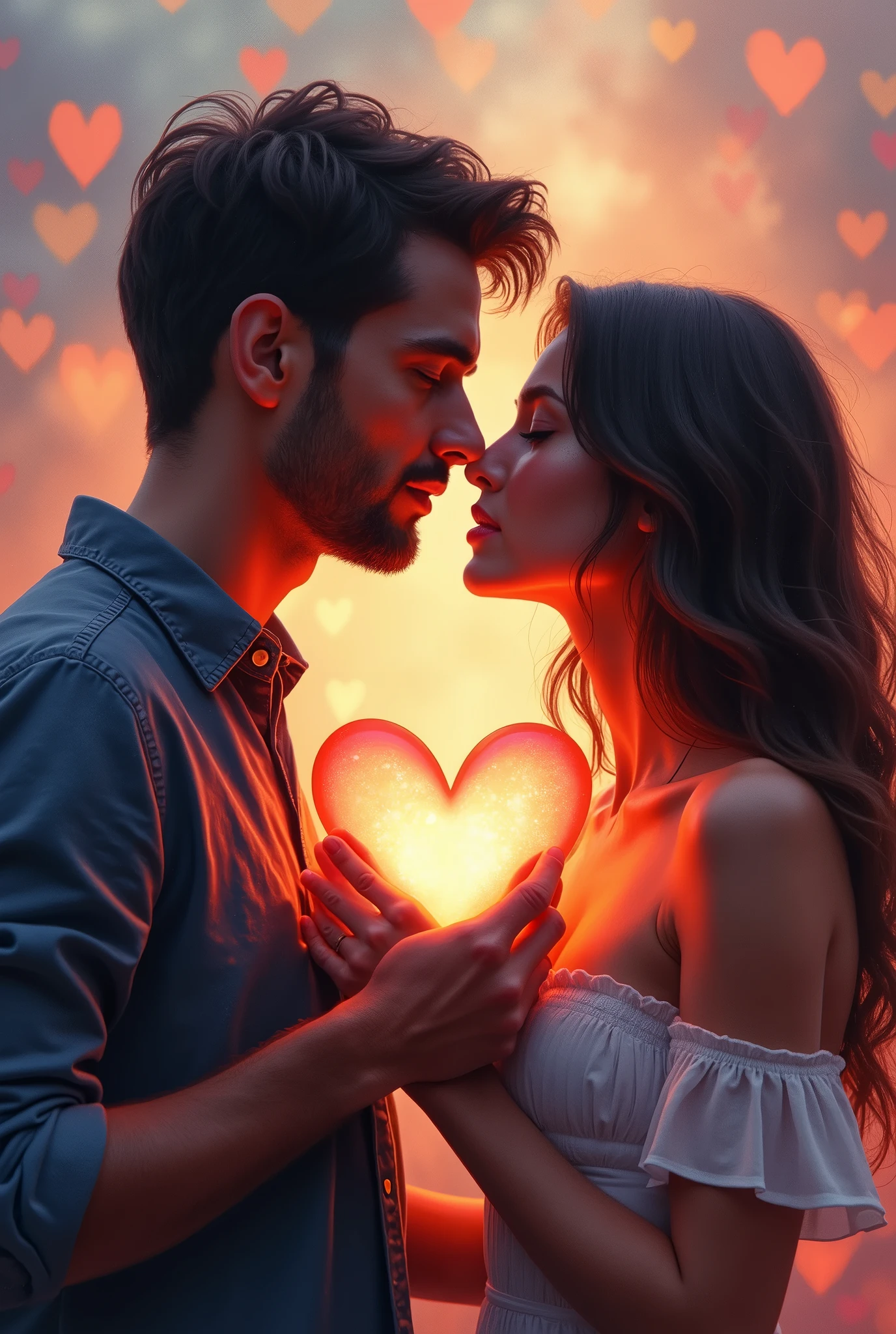 They hold an object shaped like a heart in their hands., Adam Marcinski's painting, pixels, romanticism, Man and woman in love, Double exposure of love, Love is the beginning of everything, Lovers, Romantic couple, they are in love, facing each other, Man and woman, Anato Finnstark and Alena Enami, kiss
