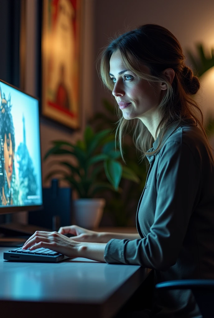 I NEED AN ADULT WOMAN, from 30 to 45 years old, USING COMPUTER AND MAKING USE OF ARTIFICIAL INTELLIGENCE APPLIED TO AESTHETICS. VERY REAL IMAGE. 