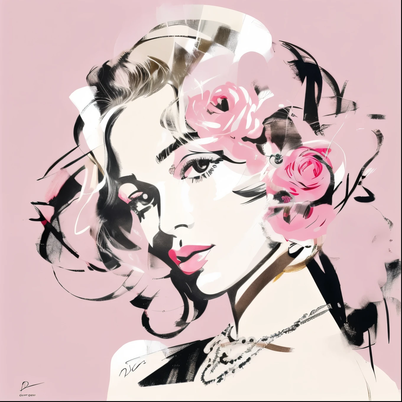 David Downton fashion illustration, blonde 1woman, thin hair bob,  pink sweatshirt, roses, romantic mood, calm, meditation, love, hm ad, dior