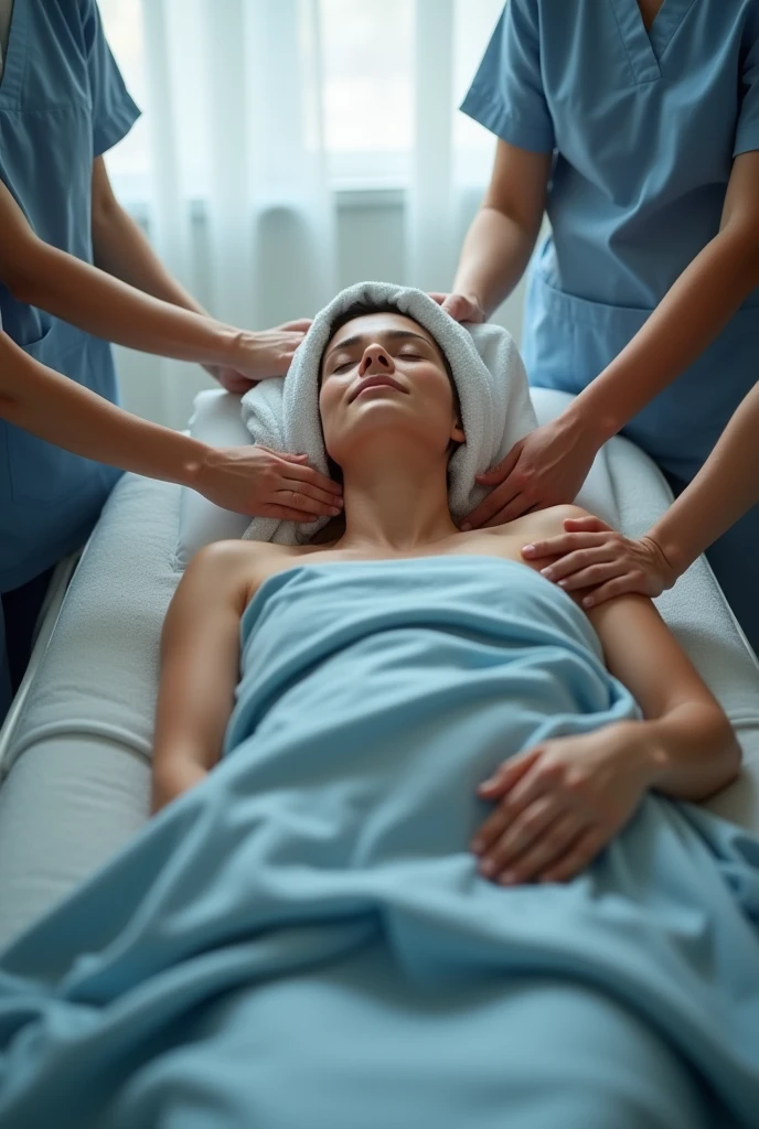 Woman dressed with closed eyes and a small towel covering her eyes, quiet, lying down covered up to the neck with a blue sheet on a stretcher and 4 people with their hands over her head, chest, woman's stomach and legs lying down
