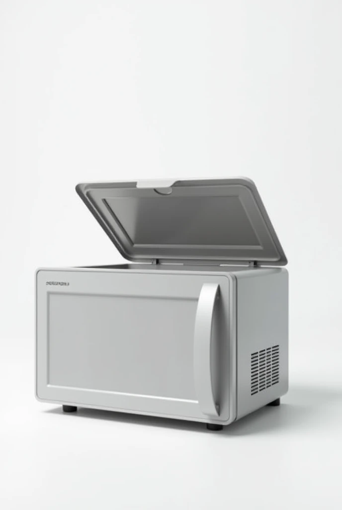 

On a White background put 

A compact and sophisticated design portable microwave, designed to preserve the temperature of food and beverages anywhere. With dimensions of 27 cm wide, 18 cm deep and 15 cm high.

This microwave does NOT have a door handle and NO food inside it.. Non-slip rubber feet on the base.

The microwave door opens upwards, Towards the sky, offering a convenient and accessible opening. Made of durable material with a small tempered glass viewer, allows the user to see the content without having to open the device. 

